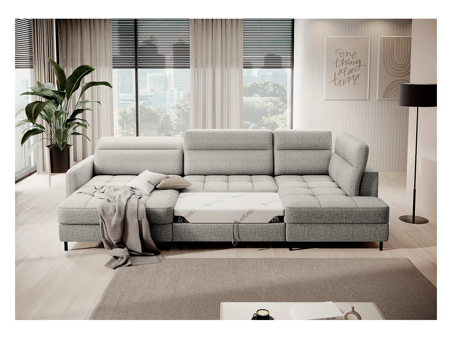 BENTO converteerbare panoramische stoffen bank met opbergvak-Kleur Lichtgrijs-linkerhoek