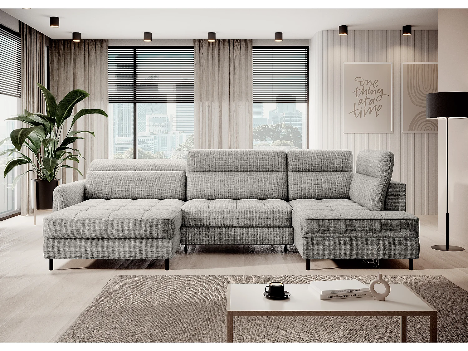 BENTO converteerbare panoramische stoffen bank met opbergvak-Kleur Lichtgrijs-linkerhoek