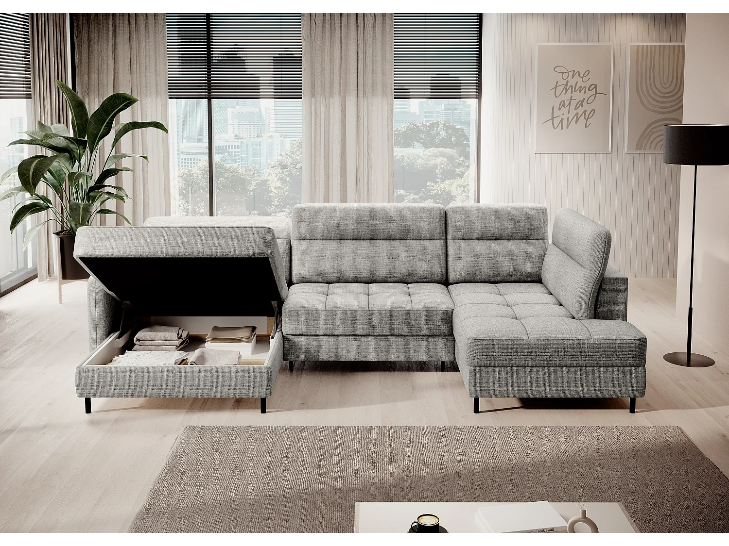 BENTO converteerbare panoramische stoffen bank met opbergvak-Kleur Lichtgrijs-linkerhoek