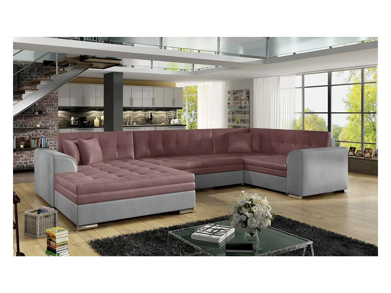 Canapé panoramique convertible DIANO velours-Gris clair/Rose-Méridienne A gauche