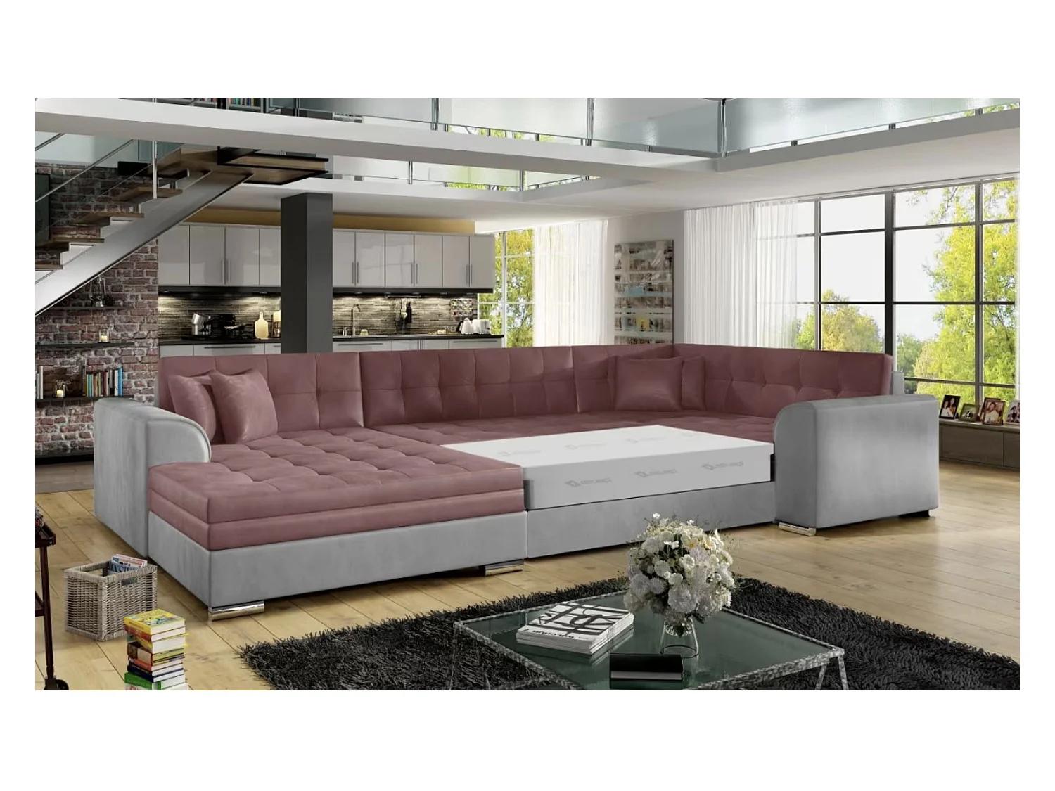 Canapé panoramique convertible DIANO velours-Gris clair/Rose-Méridienne A gauche