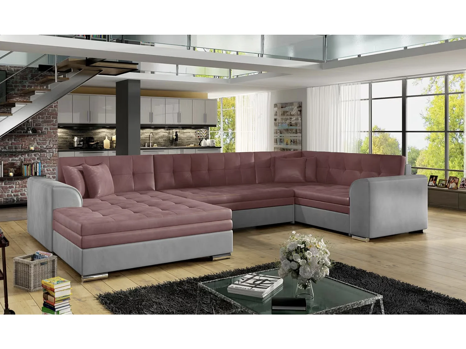 Canapé panoramique convertible DIANO velours-Gris clair/Rose-Méridienne A gauche