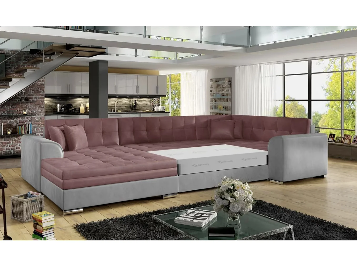Canapé panoramique convertible DIANO velours-Gris clair/Rose-Méridienne A gauche