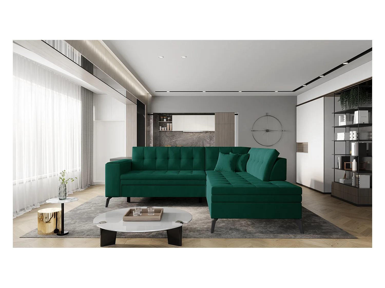 Canapé d'angle convertible velours LARRY - Pieds acier noir-Vert foncé-angle droit