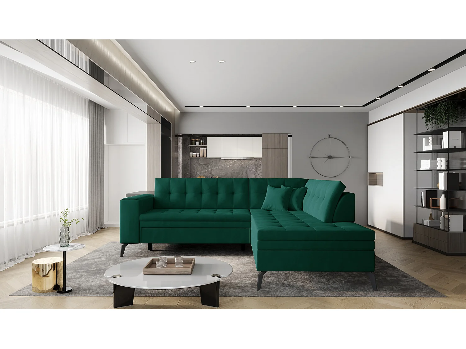 Canapé d'angle convertible velours LARRY - Pieds acier noir-Vert foncé-angle droit