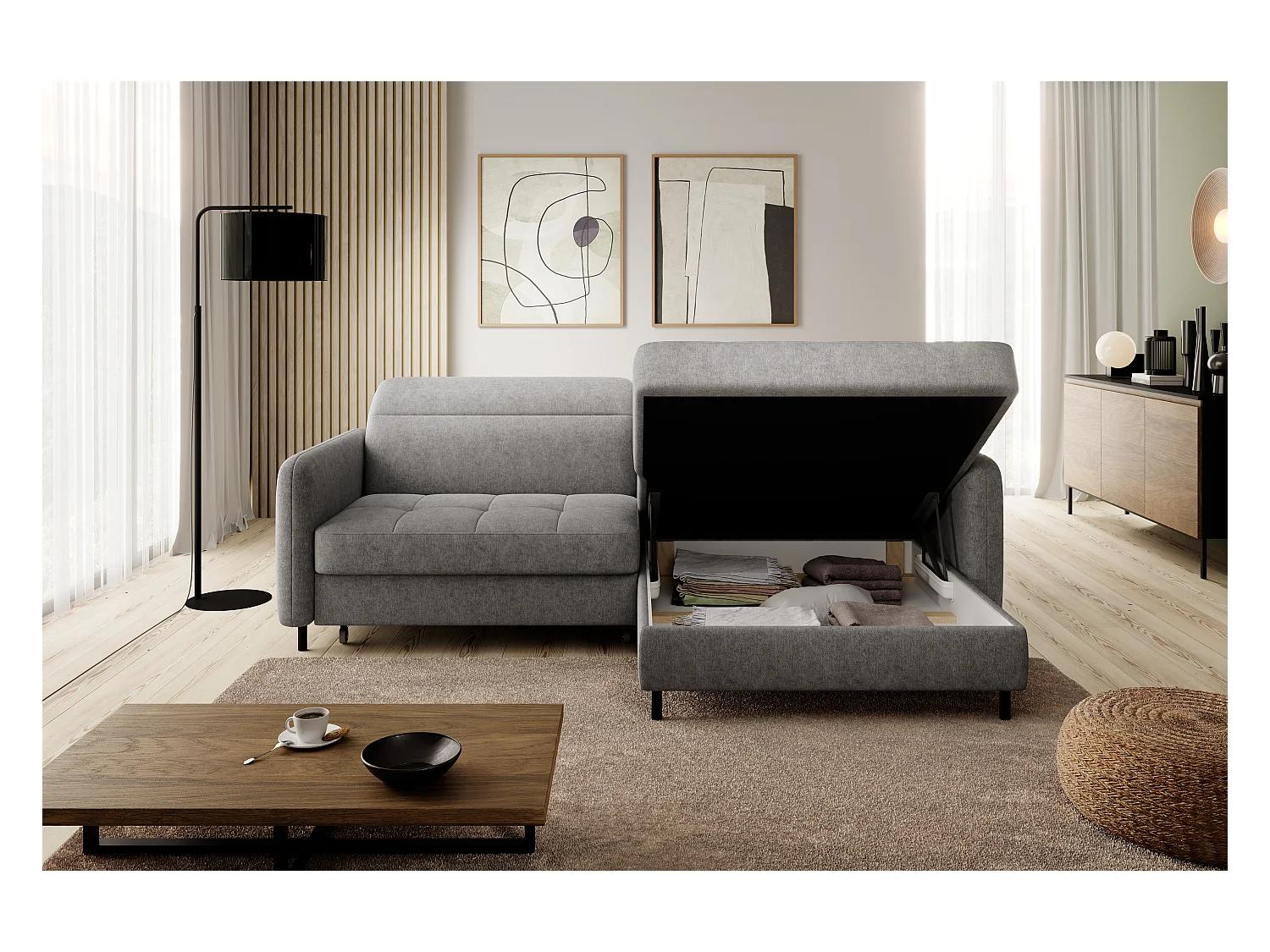 Petit canapé d’angle convertible tissu Kunder-Gris-angle droit