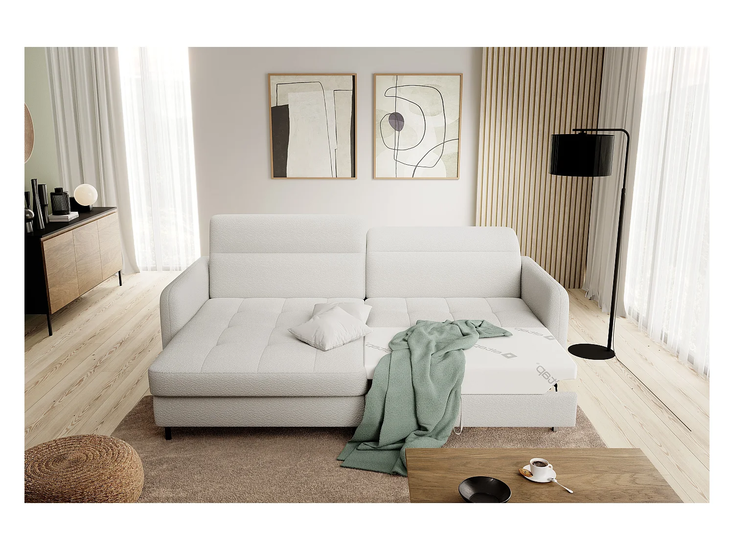 Petit canapé d’angle convertible tissu Kunder-Blanc-angle gauche