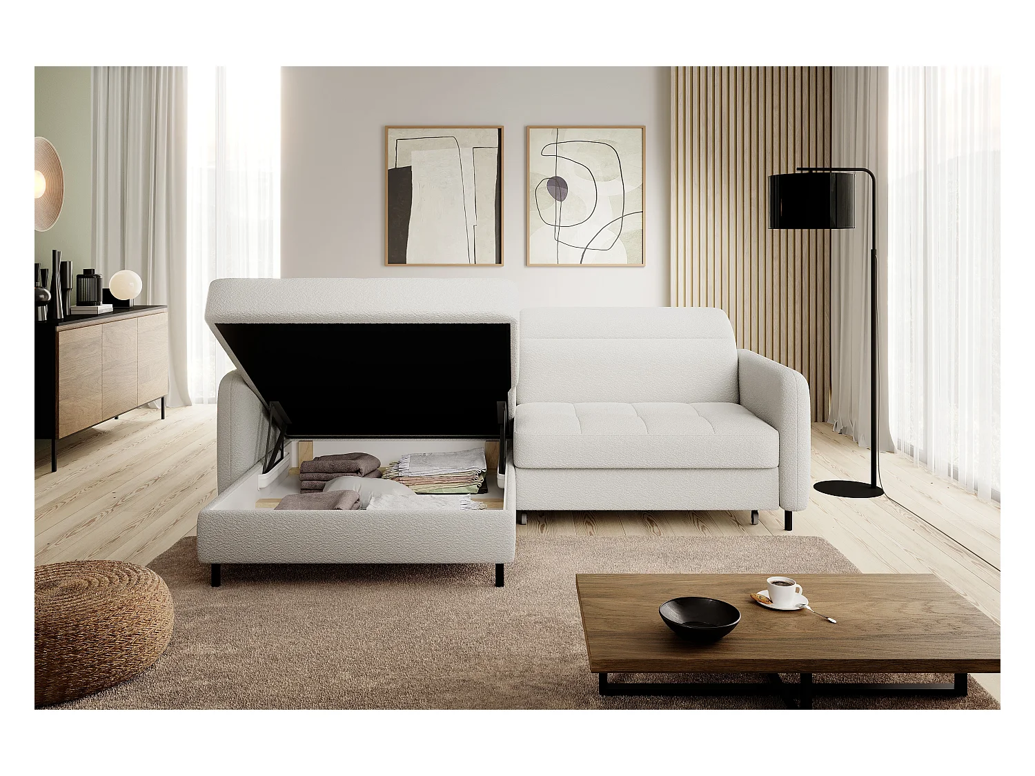 Petit canapé d’angle convertible tissu Kunder-Blanc-angle gauche