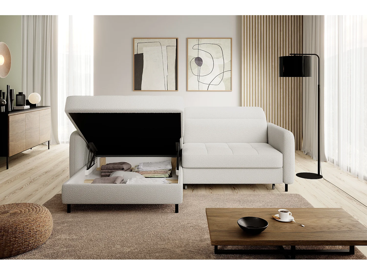 Petit canapé d’angle convertible tissu Kunder-Blanc-angle gauche