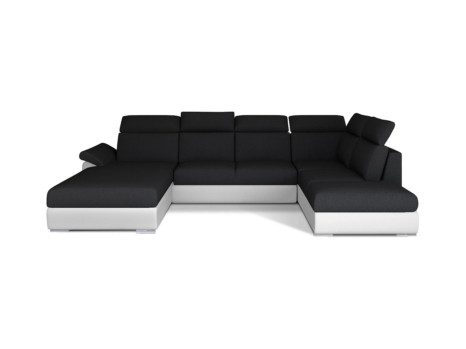 Canapé Convertible Panoramique LEVANO Tissu et Simili Cuir, Têtières-Blanc/Noir-Coffre à gauche
