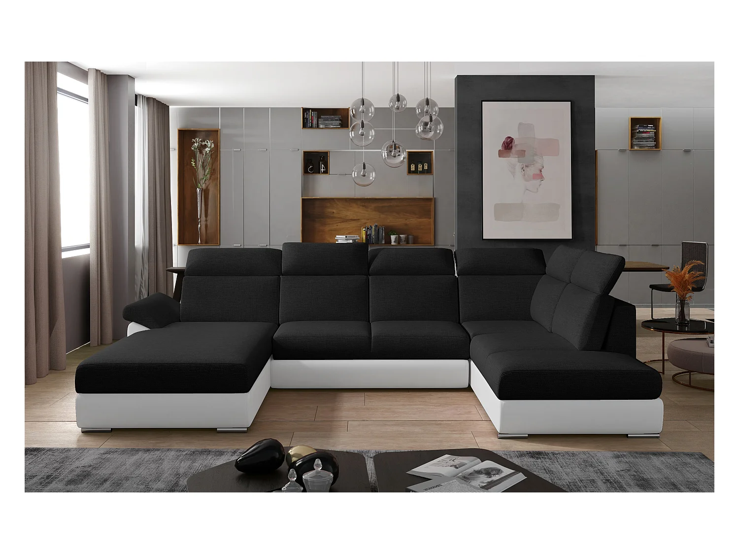 Canapé Convertible Panoramique LEVANO Tissu et Simili Cuir, Têtières-Blanc/Noir-Coffre à gauche