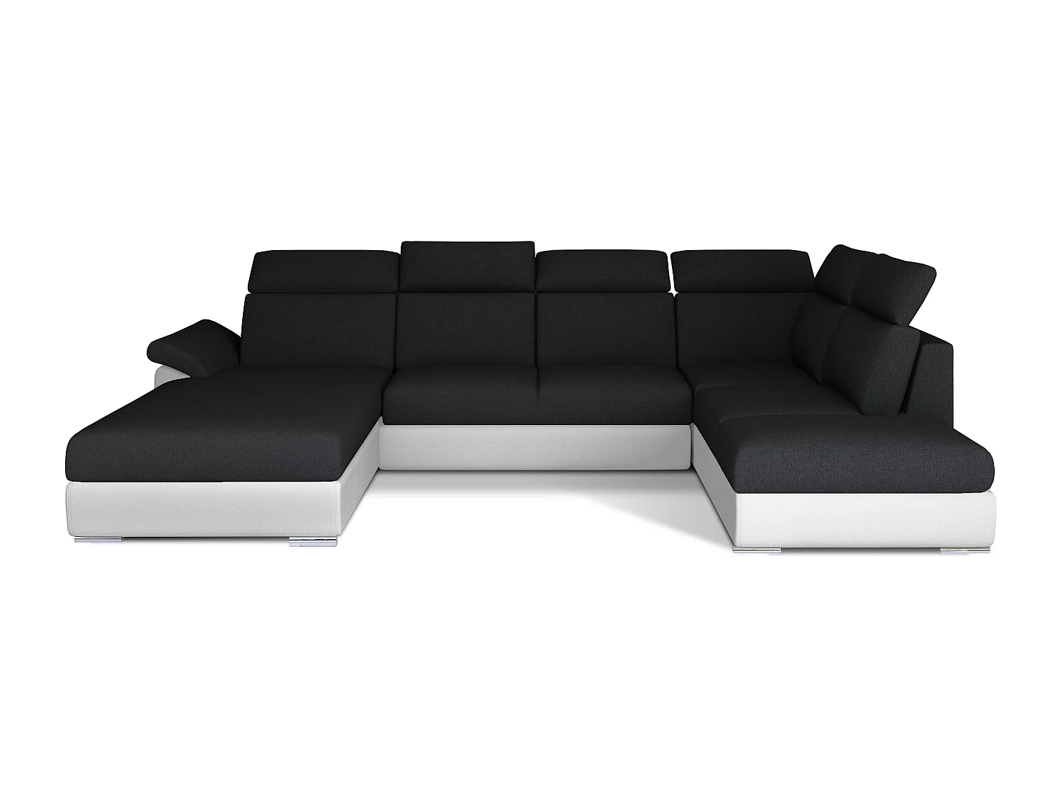 Canapé Convertible Panoramique LEVANO Tissu et Simili Cuir, Têtières-Blanc/Noir-Coffre à gauche