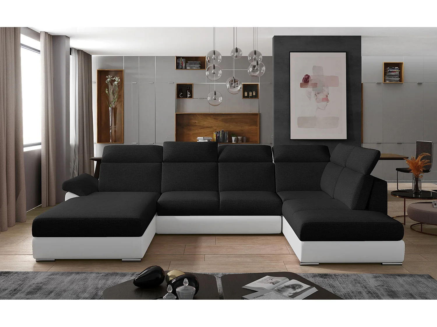 Canapé Convertible Panoramique LEVANO Tissu et Simili Cuir, Têtières-Blanc/Noir-Coffre à gauche