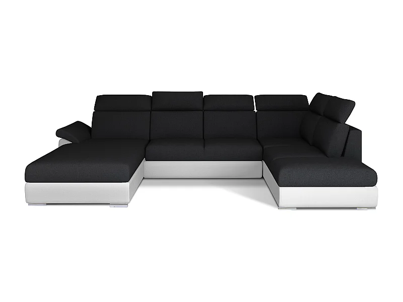 Canapé Convertible Panoramique LEVANO Tissu et Simili Cuir, Têtières-Blanc/Noir-Coffre à gauche