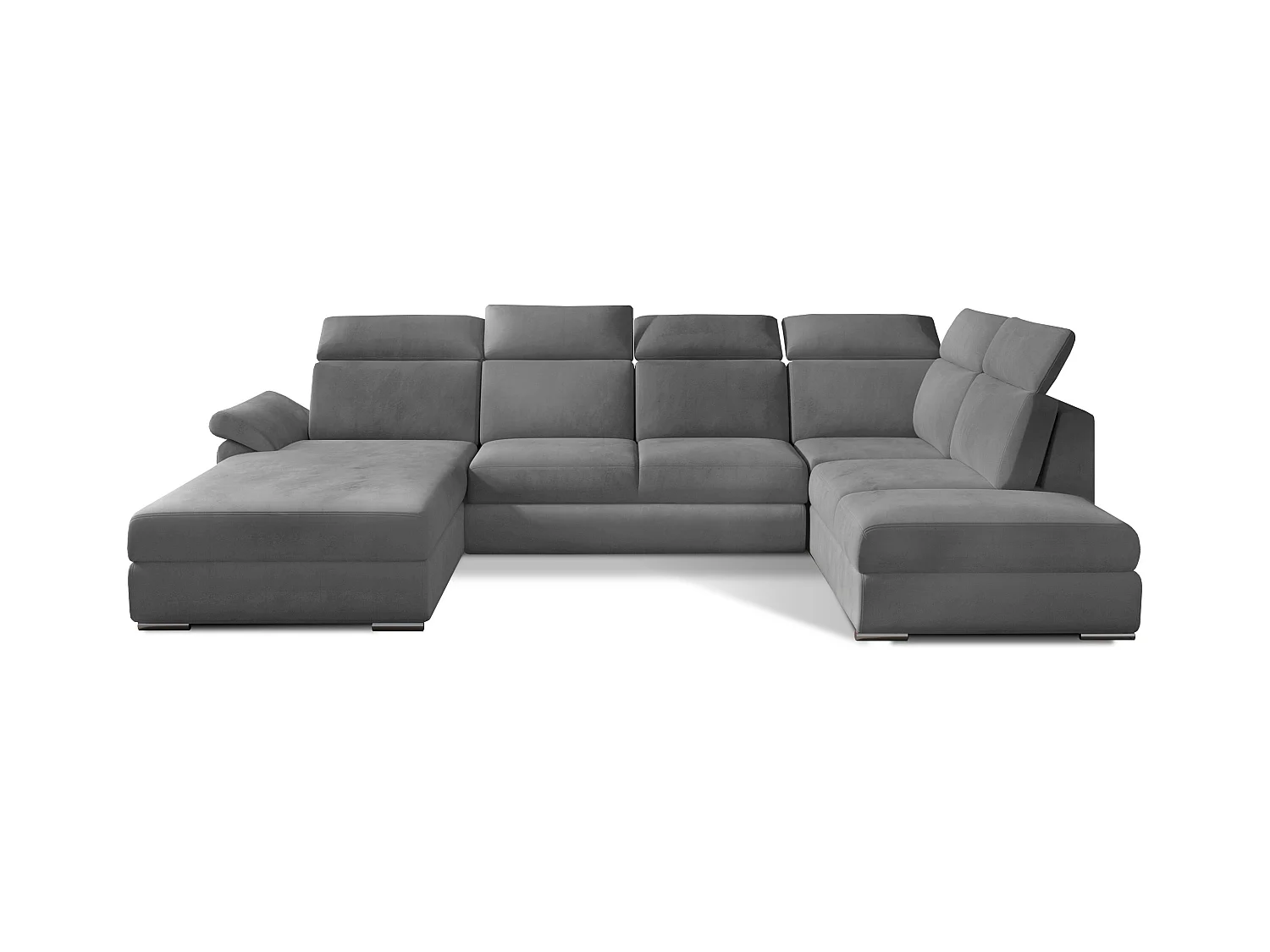 Canapé panoramique convertible LEVANO velours - Rangement et appuie-têtes réglables-Gris-Coffre à droite