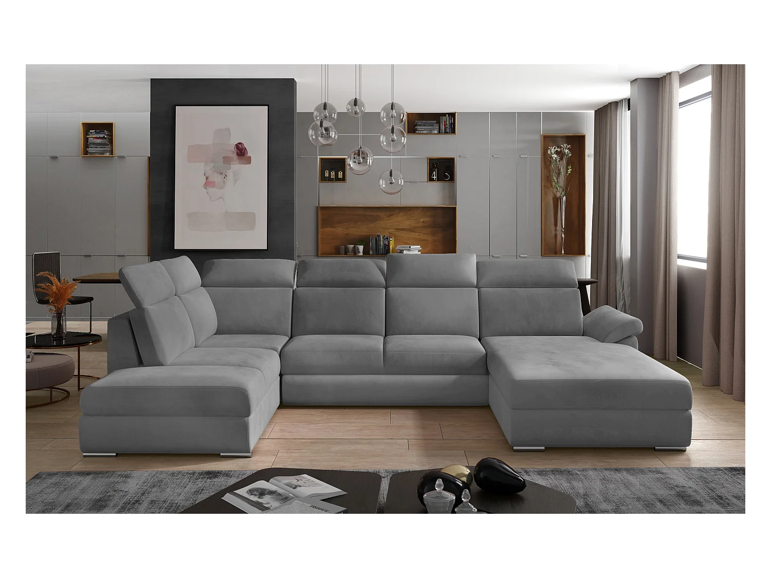 Canapé panoramique convertible LEVANO velours - Rangement et appuie-têtes réglables-Gris-Coffre à droite