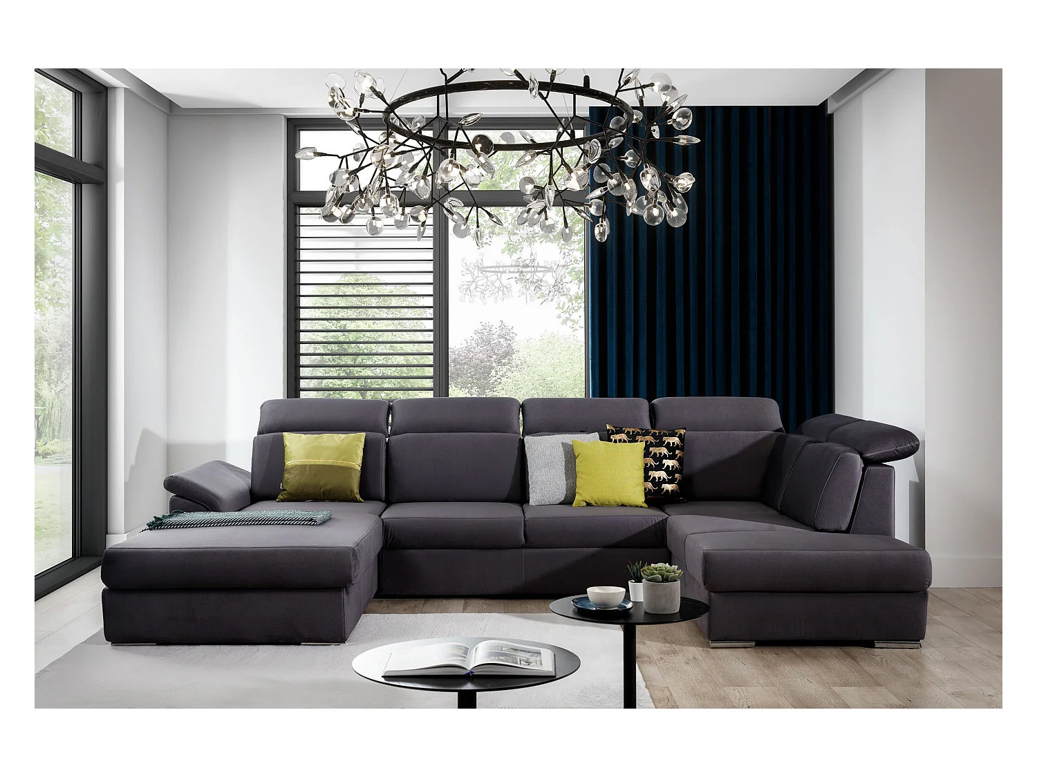 Canapé panoramique convertible LEVANO velours - Rangement et appuie-têtes réglables-Gris-Coffre à droite