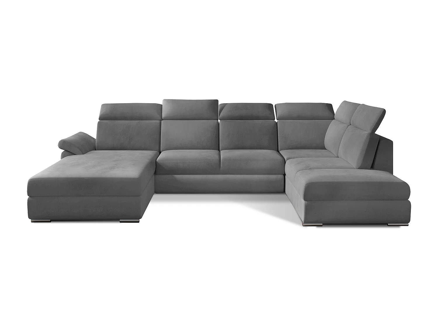 Canapé panoramique convertible LEVANO velours - Rangement et appuie-têtes réglables-Gris-Coffre à droite