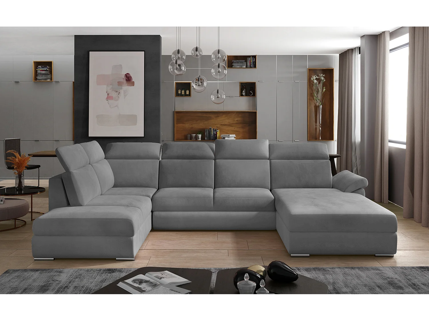 Canapé panoramique convertible LEVANO velours - Rangement et appuie-têtes réglables-Gris-Coffre à droite