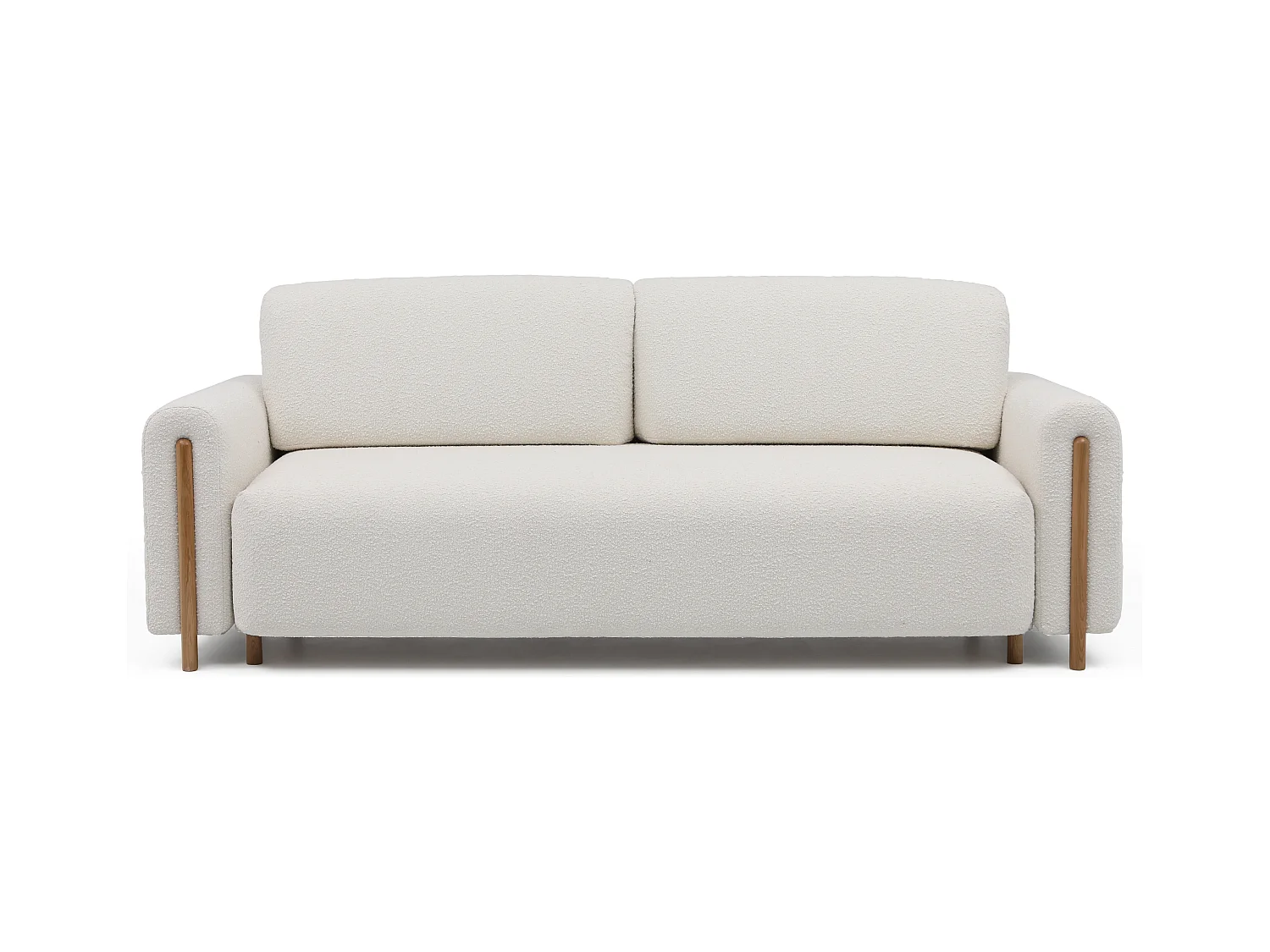 Canapé convertible en tissu bouclette DOVA - Pieds bois massif naturel-Blanc cassé