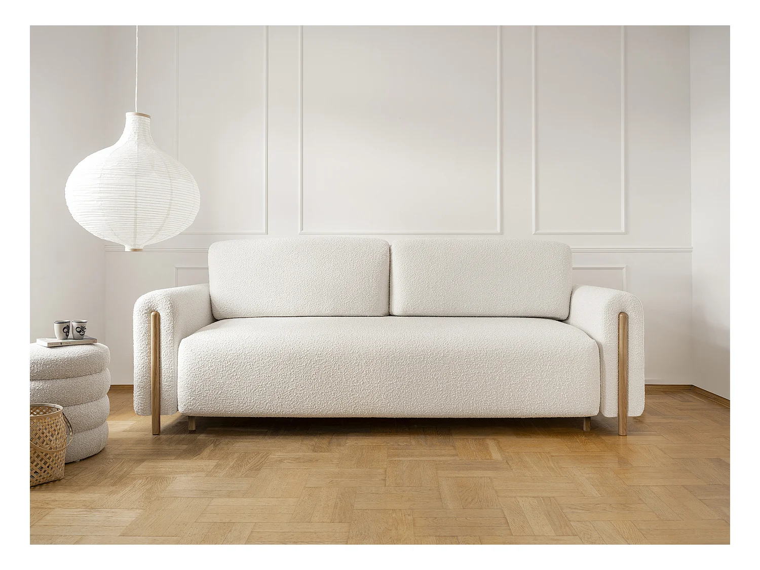 Canapé convertible en tissu bouclette DOVA - Pieds bois massif naturel-Blanc cassé