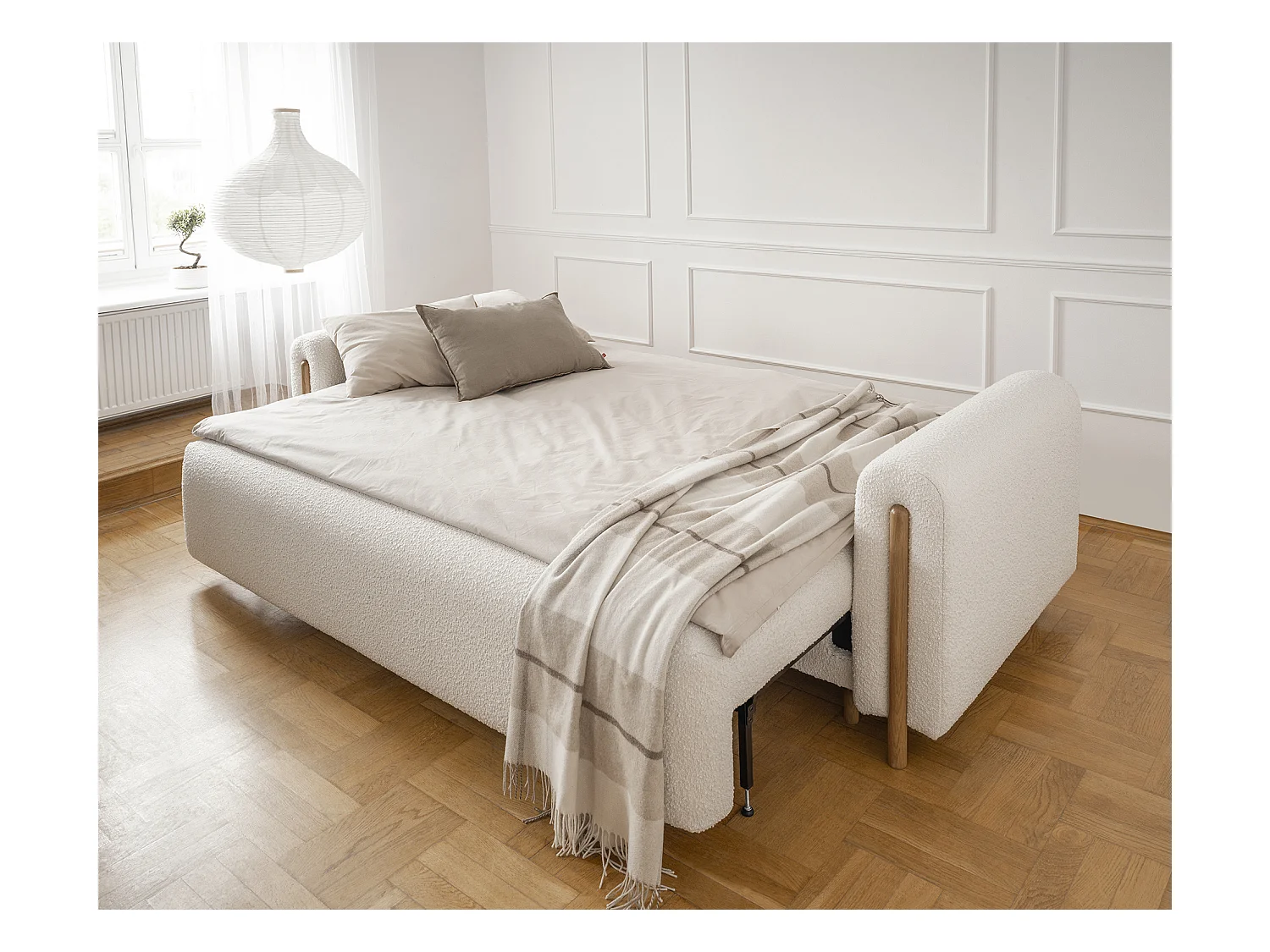 Canapé convertible en tissu bouclette DOVA - Pieds bois massif naturel-Blanc cassé