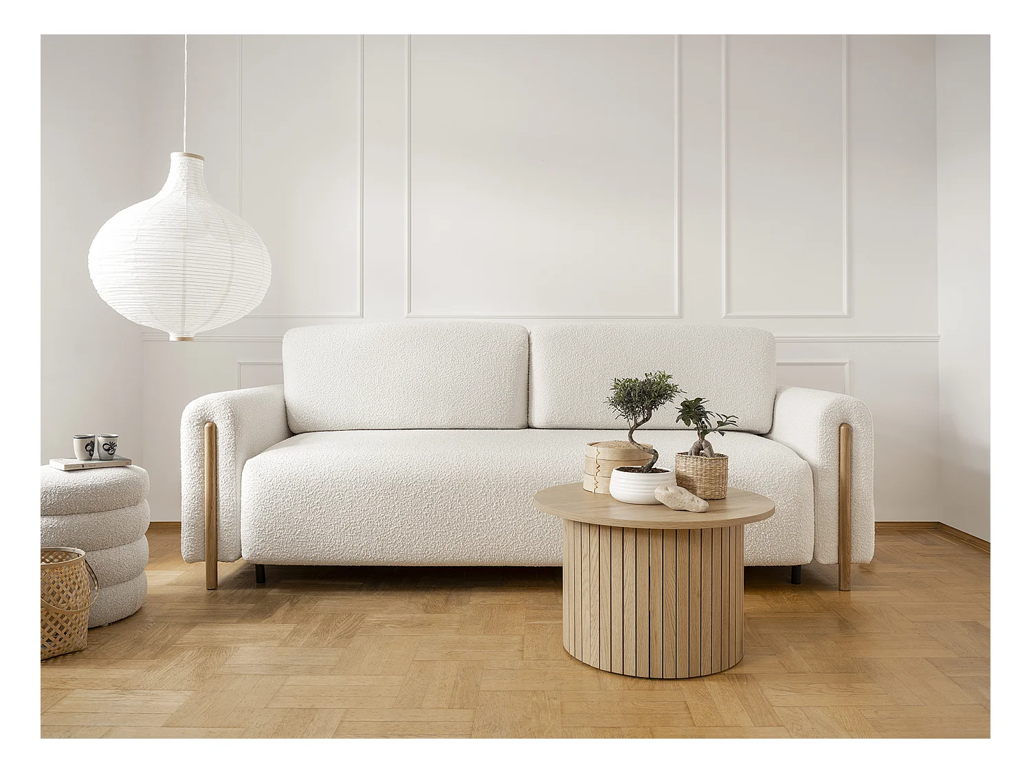 Canapé convertible en tissu bouclette DOVA - Pieds bois massif naturel-Blanc cassé