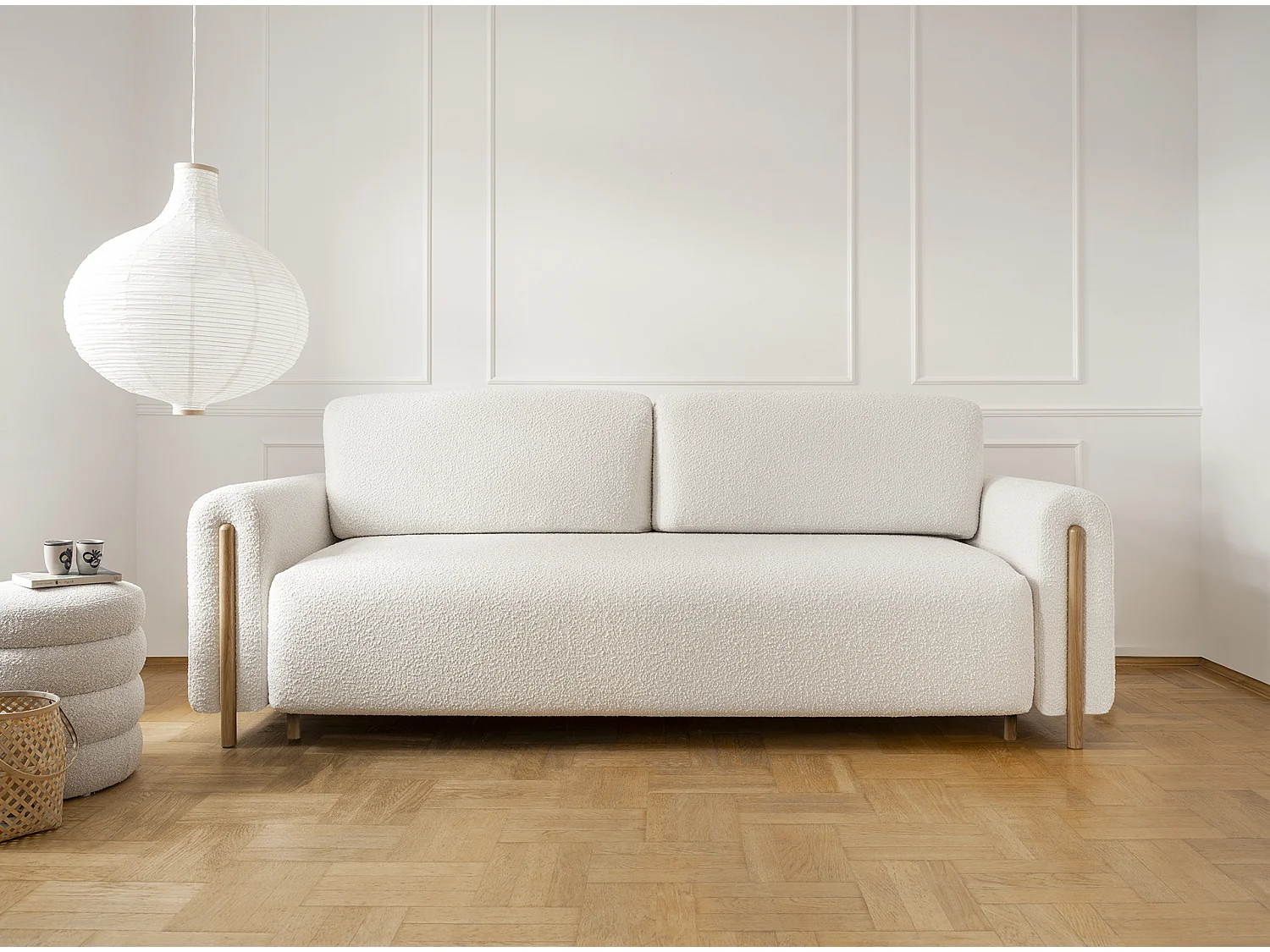 Canapé convertible en tissu bouclette DOVA - Pieds bois massif naturel-Blanc cassé