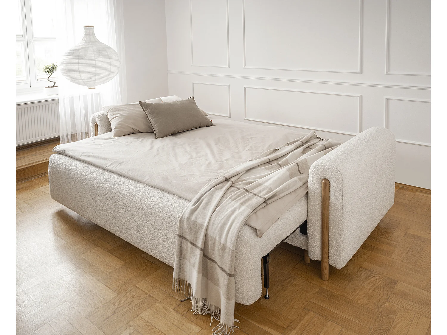 Canapé convertible en tissu bouclette DOVA - Pieds bois massif naturel-Blanc cassé