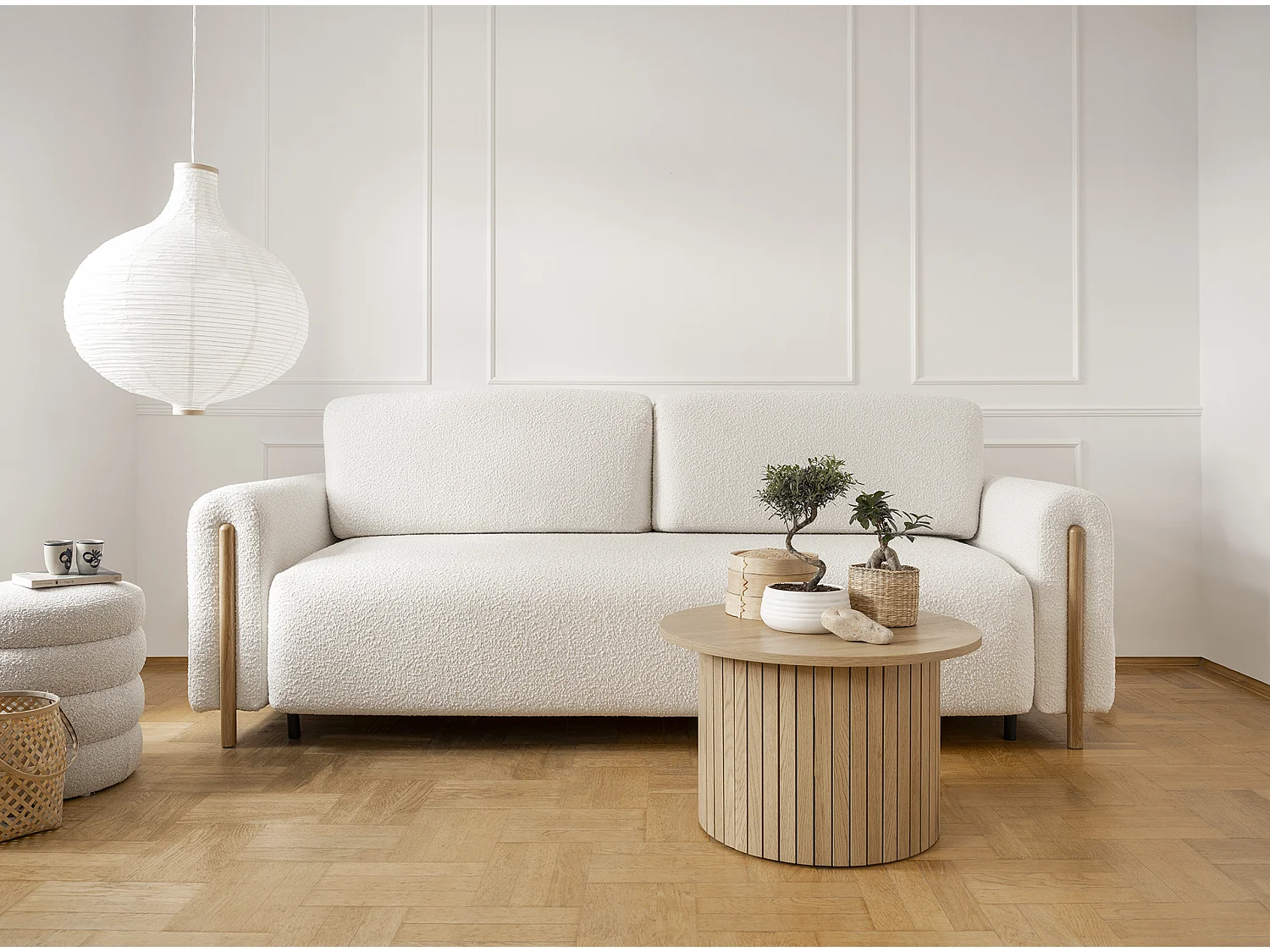 Canapé convertible en tissu bouclette DOVA - Pieds bois massif naturel-Blanc cassé