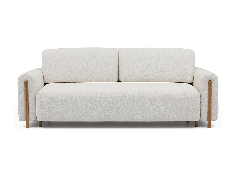 Canapé convertible en tissu bouclette DOVA - Pieds bois massif naturel-Blanc cassé