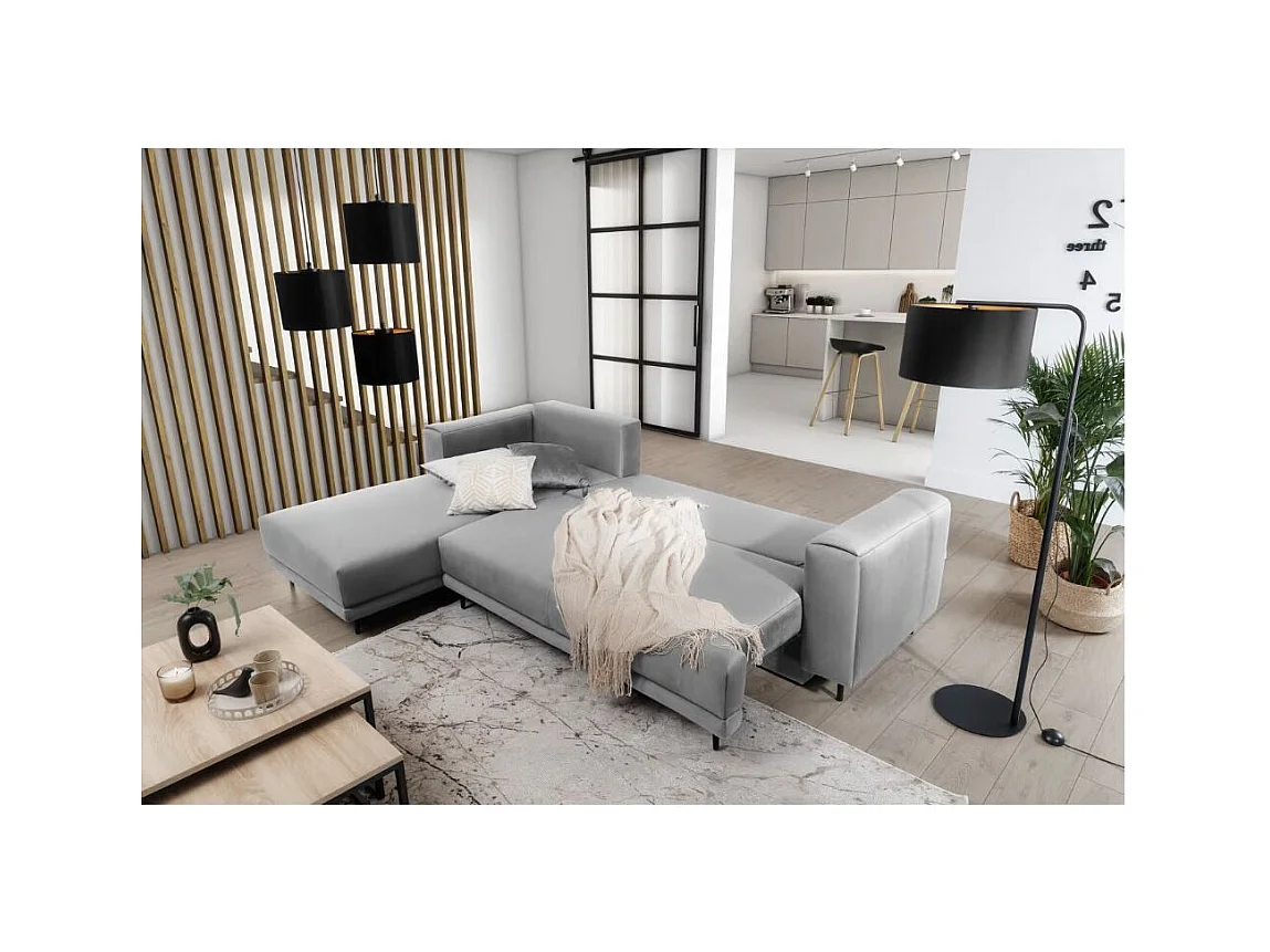 Canapé d'angle convertible velours DAVINA - Coffre et pieds métal noir-Gris clair-angle gauche