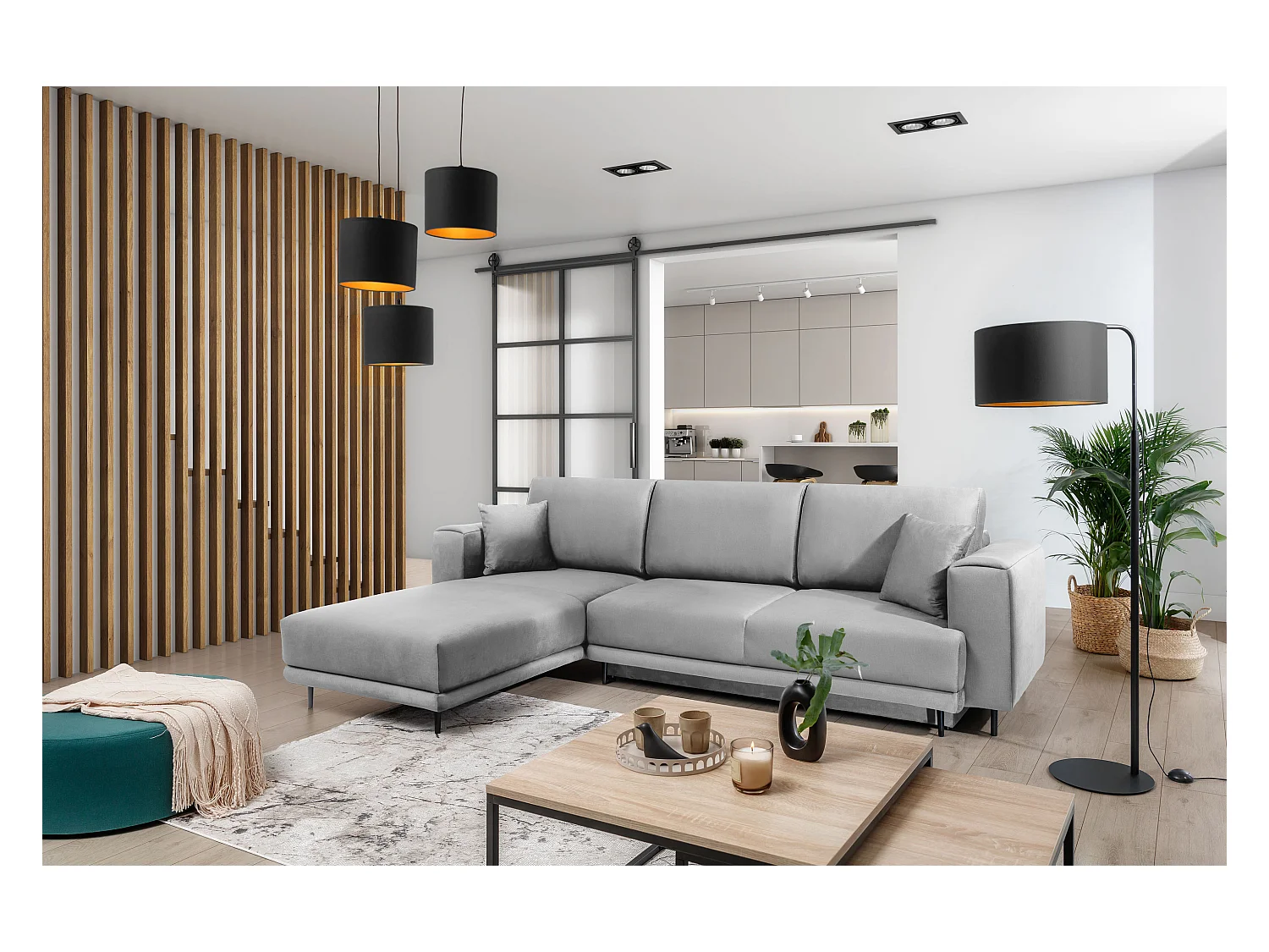 Canapé d'angle convertible velours DAVINA - Coffre et pieds métal noir-Gris clair-angle gauche