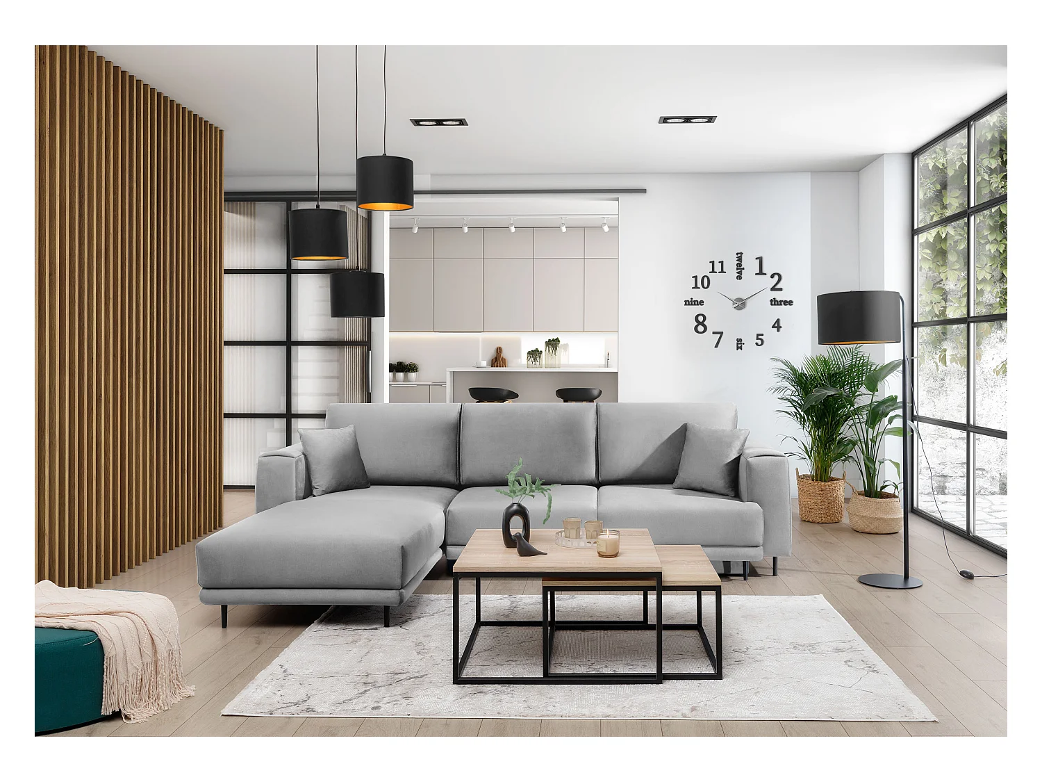 Canapé d'angle convertible velours DAVINA - Coffre et pieds métal noir-Gris clair-angle gauche