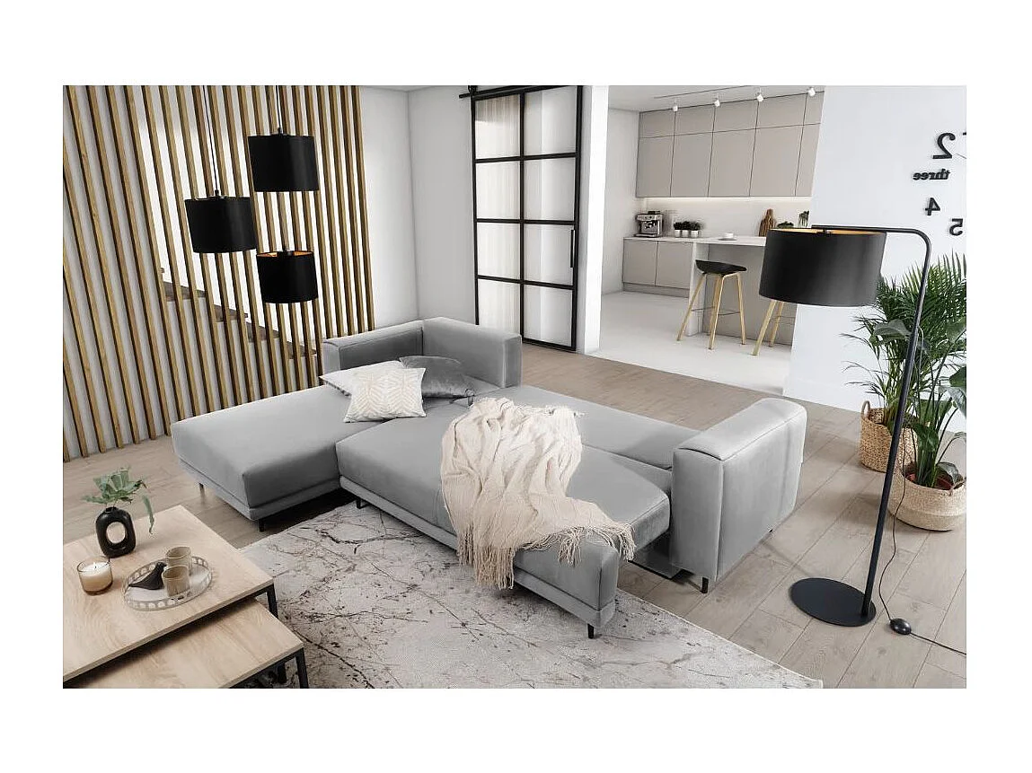 Canapé d'angle convertible velours DAVINA - Coffre et pieds métal noir-Gris clair-angle gauche