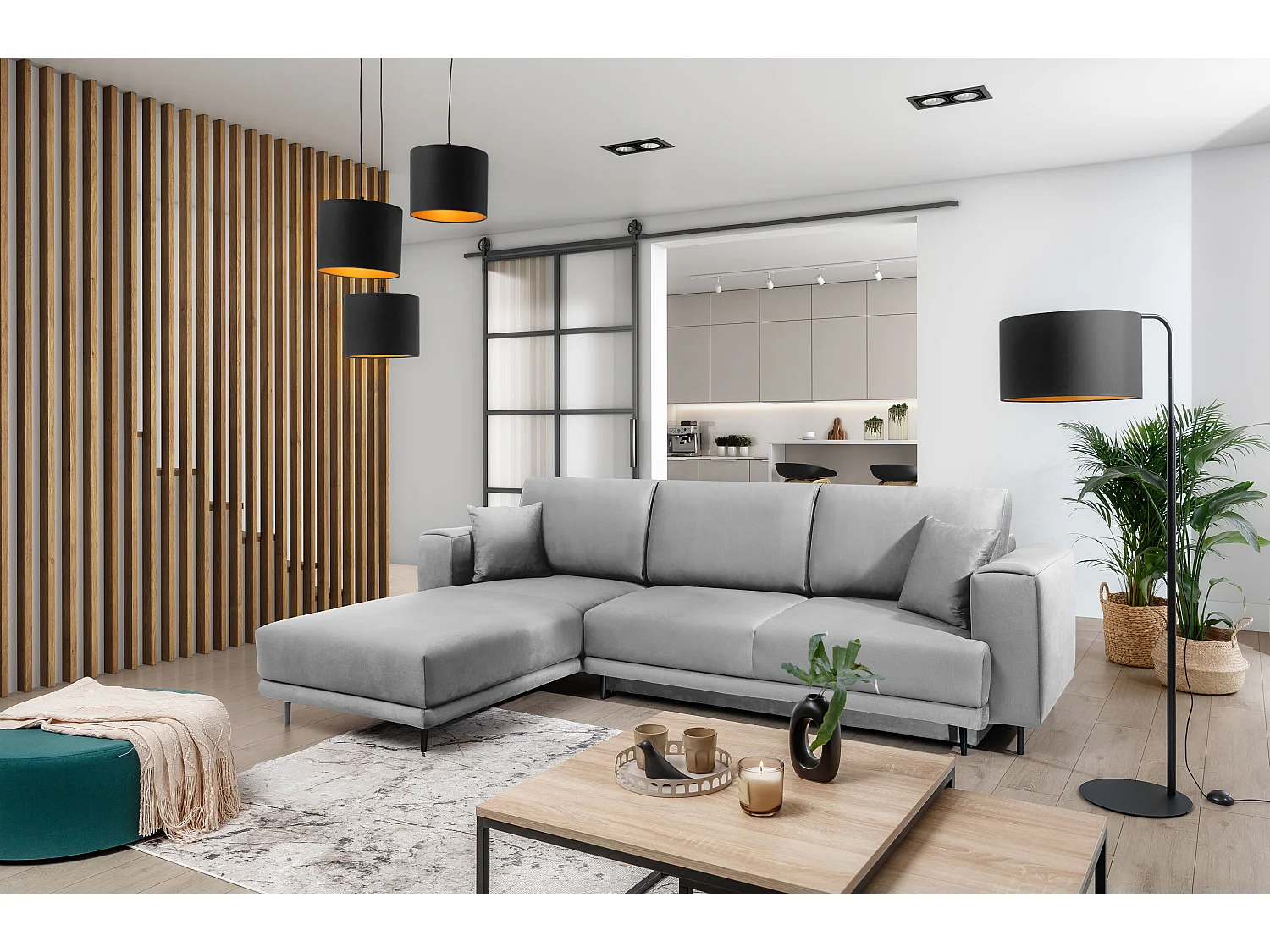 Canapé d'angle convertible velours DAVINA - Coffre et pieds métal noir-Gris clair-angle gauche