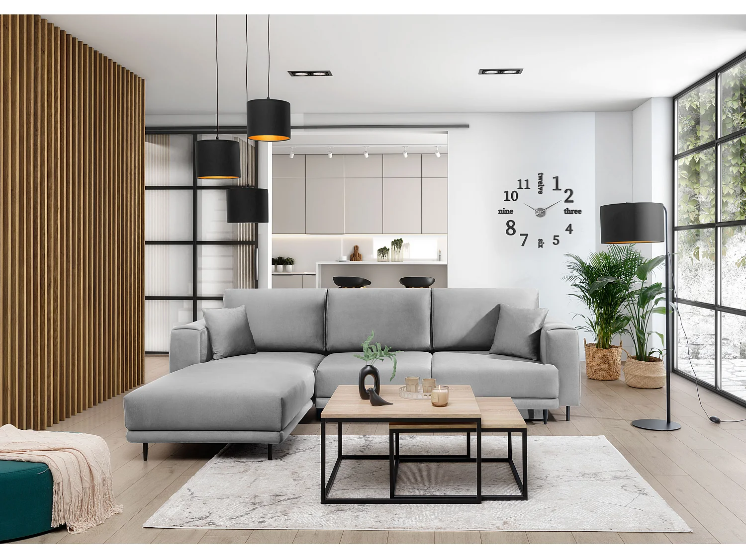 Canapé d'angle convertible velours DAVINA - Coffre et pieds métal noir-Gris clair-angle gauche