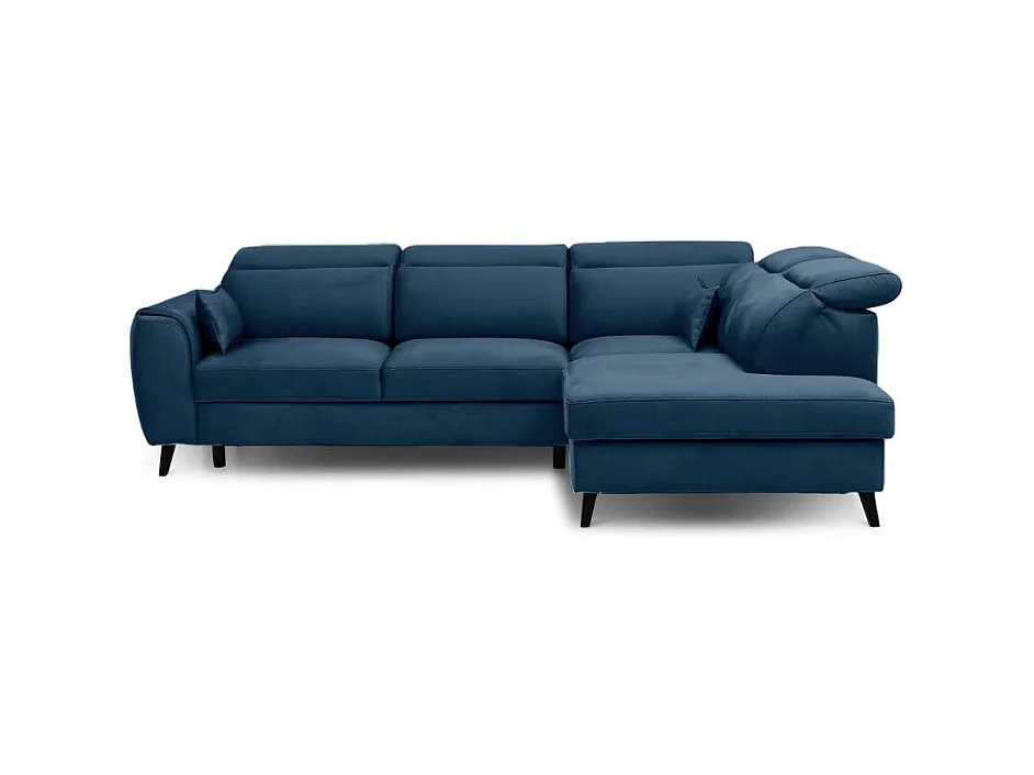 Canapé d'angle convertible avec rangement velours NOBLESSE - Pieds bois noir-Bleu-angle droit