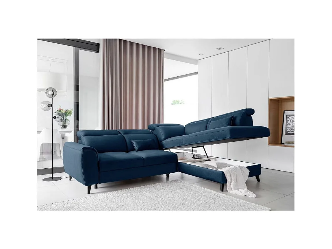 Canapé d'angle convertible avec rangement velours NOBLESSE - Pieds bois noir-Bleu-angle droit