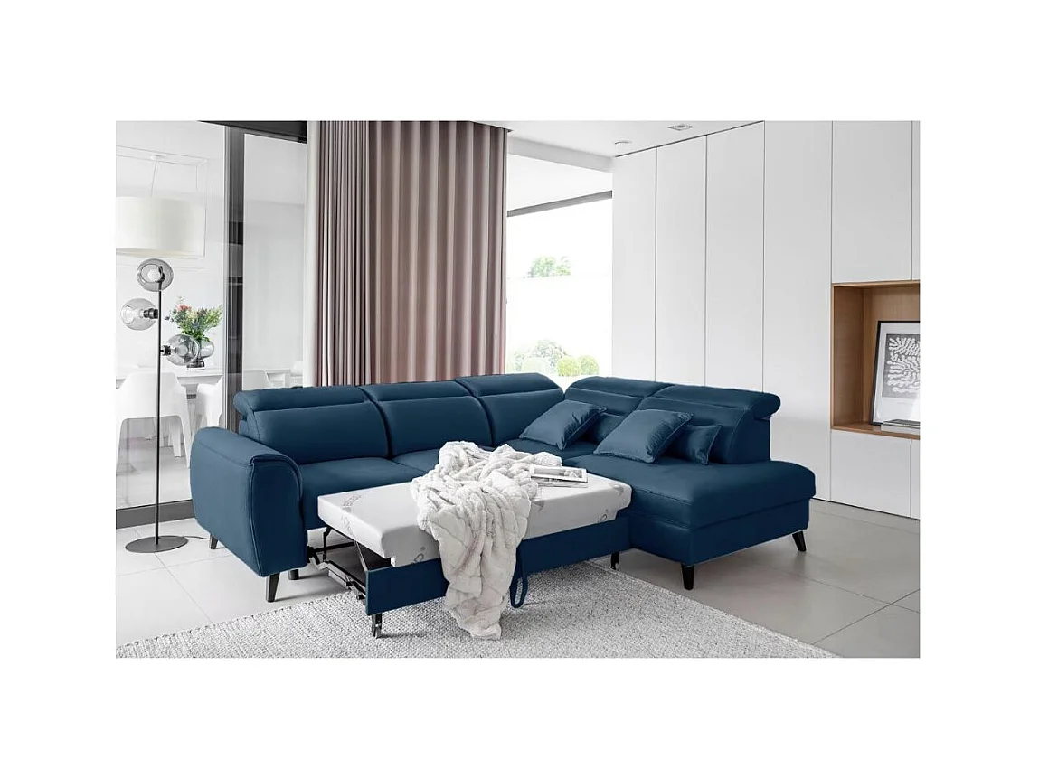 Canapé d'angle convertible avec rangement velours NOBLESSE - Pieds bois noir-Bleu-angle droit