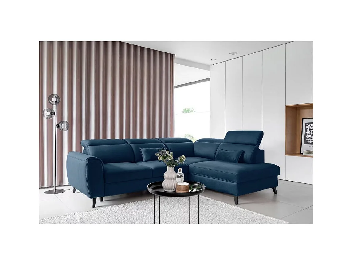 Canapé d'angle convertible avec rangement velours NOBLESSE - Pieds bois noir-Bleu-angle droit