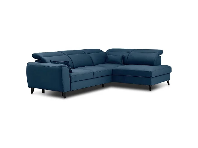 Canapé d'angle convertible avec rangement velours NOBLESSE - Pieds bois noir-Bleu-angle droit