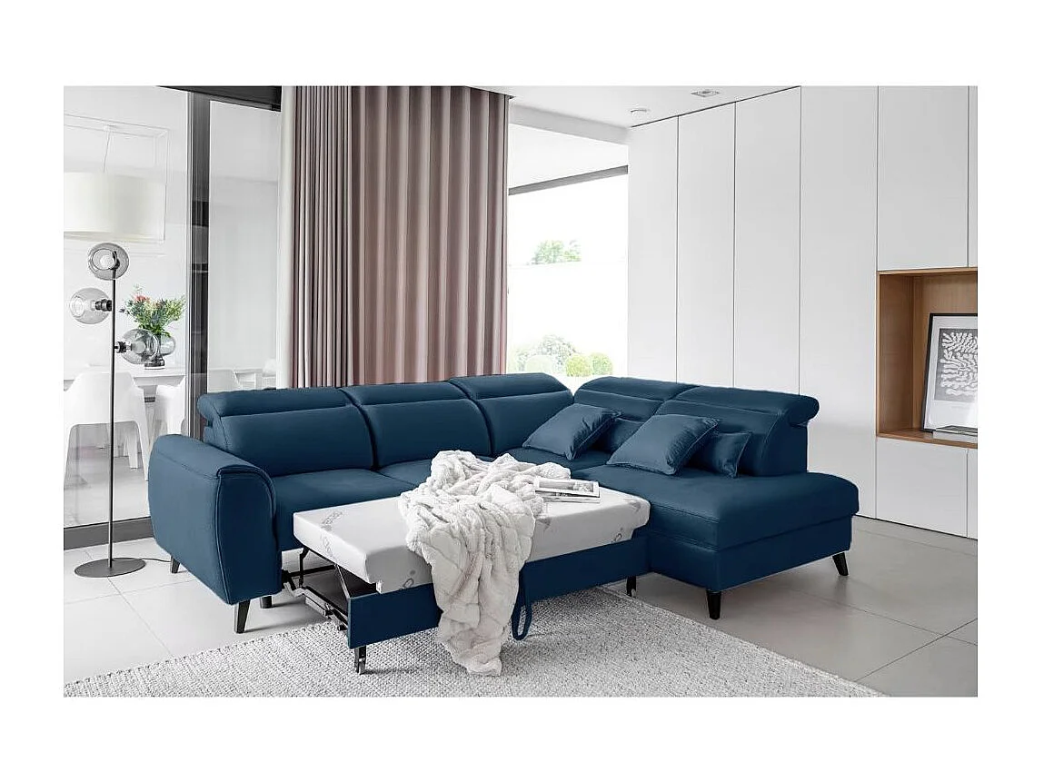 Canapé d'angle convertible avec rangement velours NOBLESSE - Pieds bois noir-Bleu-angle droit