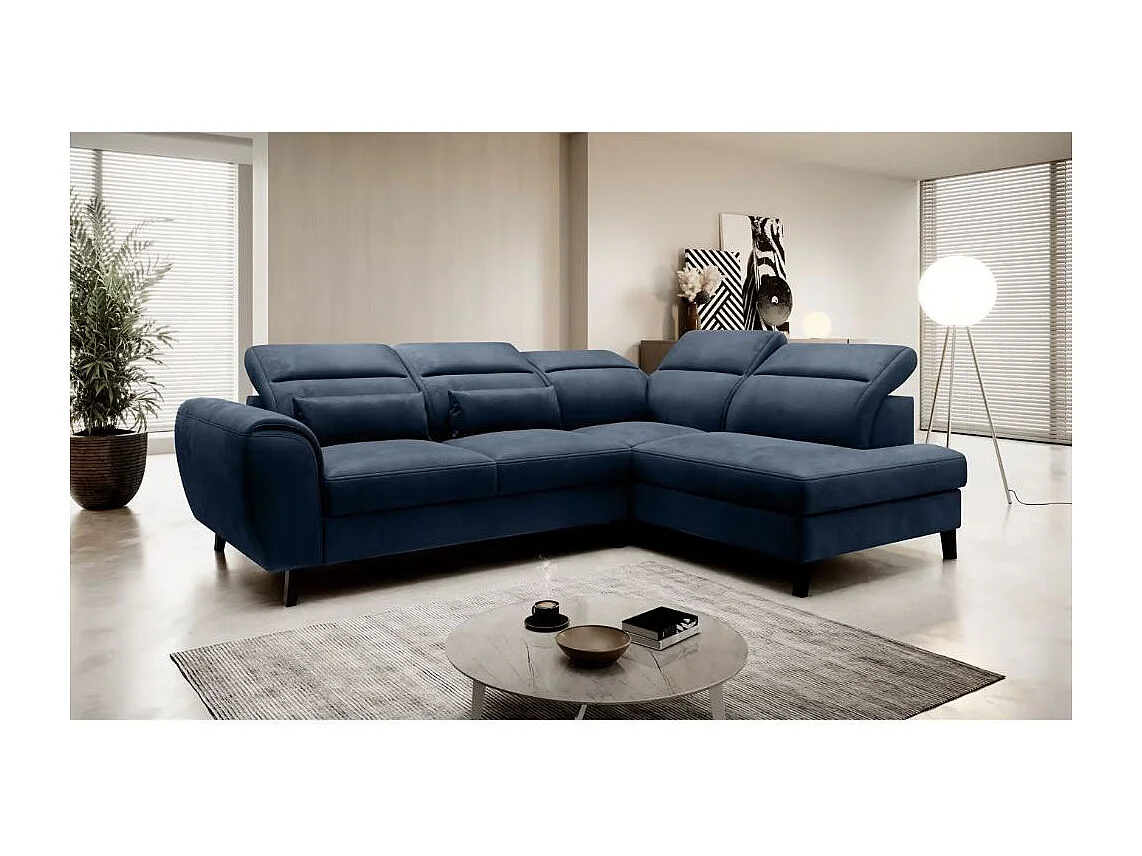 Canapé d'angle convertible avec rangement velours NOBLESSE - Pieds bois noir-Bleu-angle droit