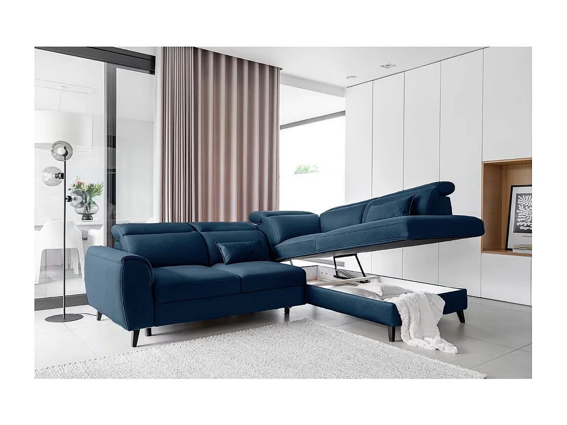 Canapé d'angle convertible avec rangement velours NOBLESSE - Pieds bois noir-Bleu-angle droit