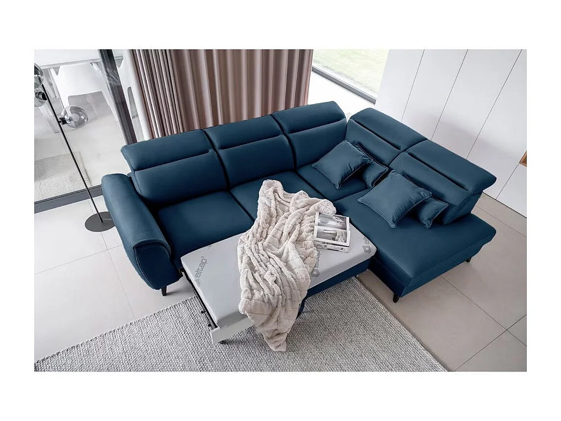 Canapé d'angle convertible avec rangement velours NOBLESSE - Pieds bois noir-Bleu-angle droit