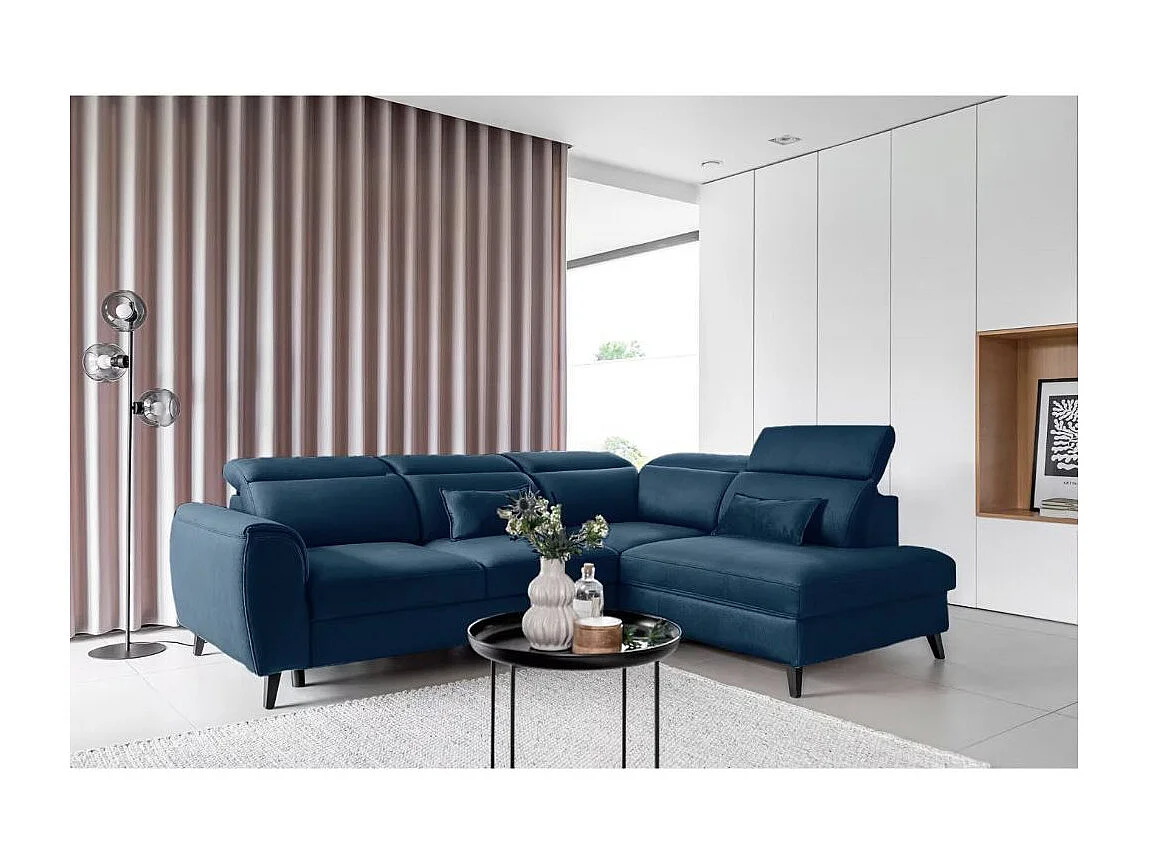 Canapé d'angle convertible avec rangement velours NOBLESSE - Pieds bois noir-Bleu-angle droit