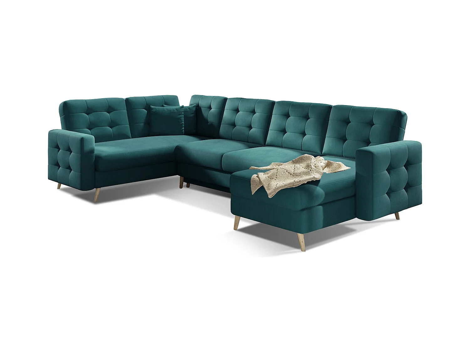 Canapé panoramique convertible ANSKA en velours - Pieds bois naturel-Vert