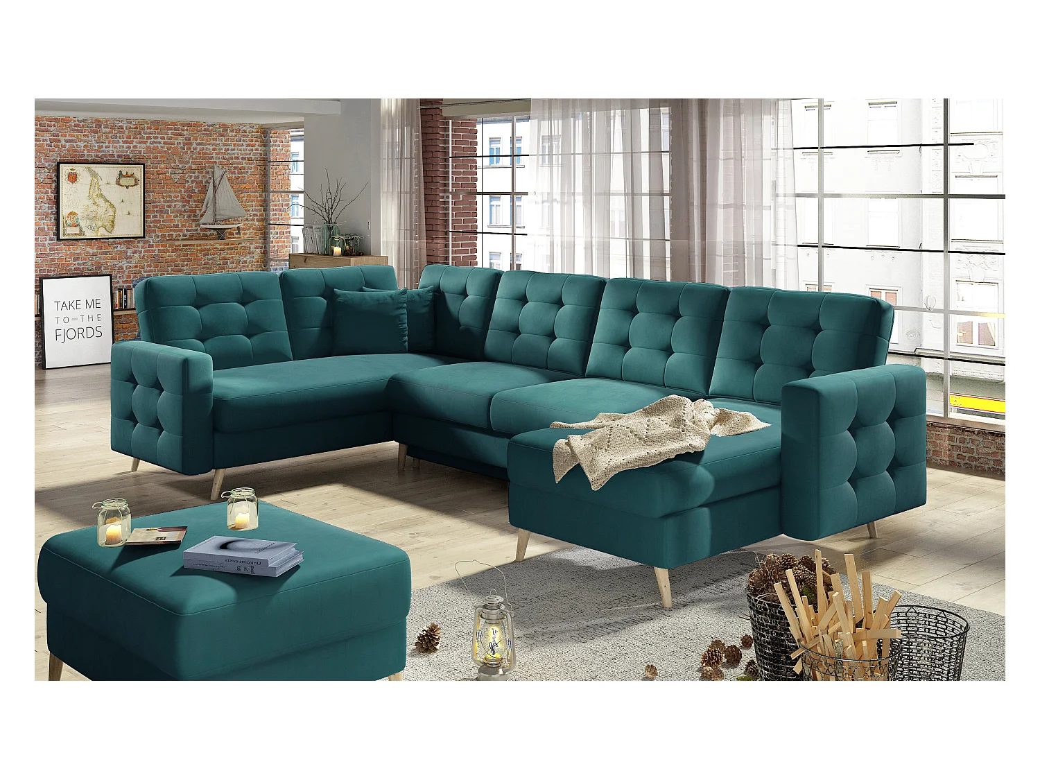 Canapé panoramique convertible ANSKA en velours - Pieds bois naturel-Vert