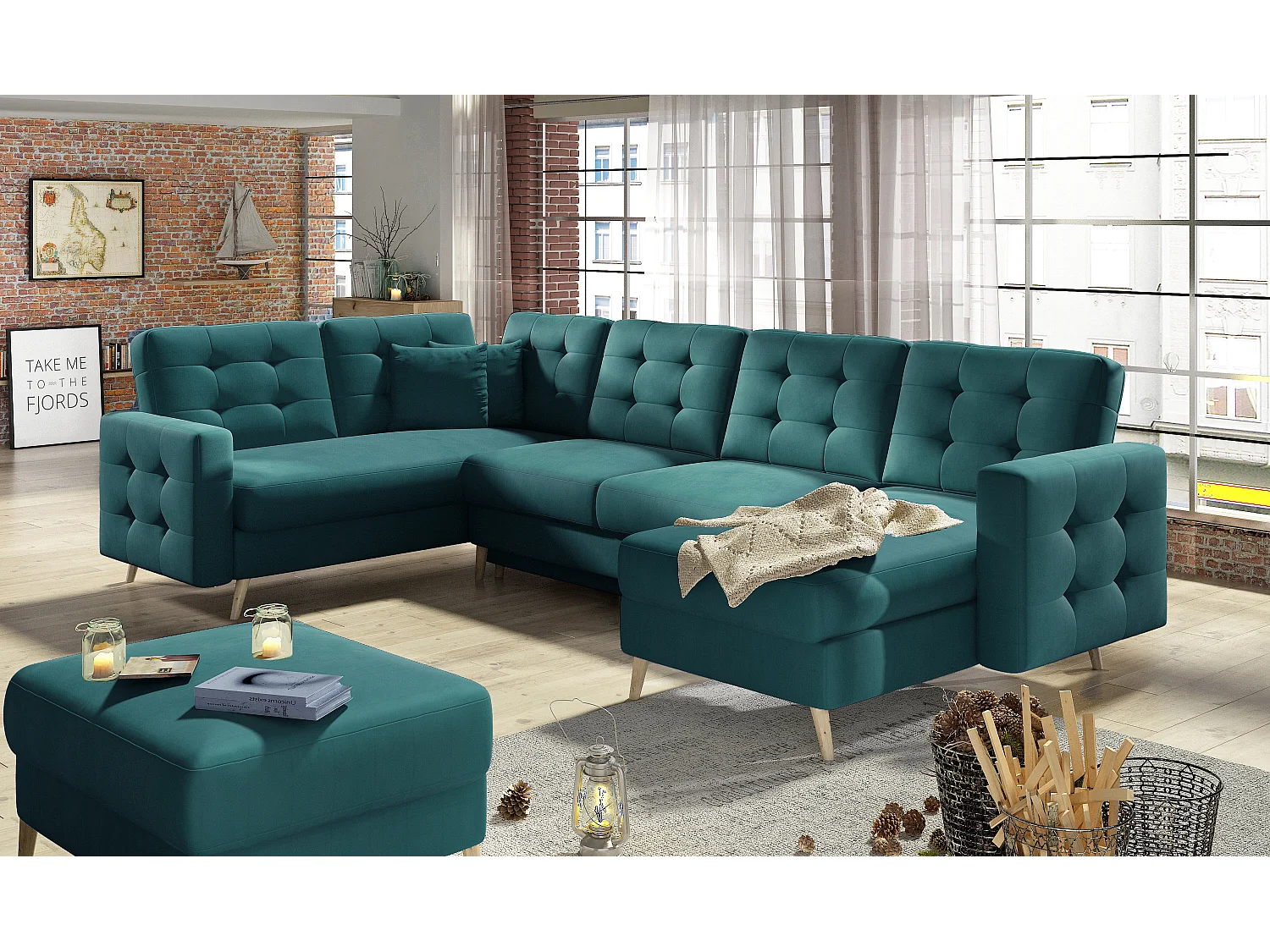 Canapé panoramique convertible ANSKA en velours - Pieds bois naturel-Vert